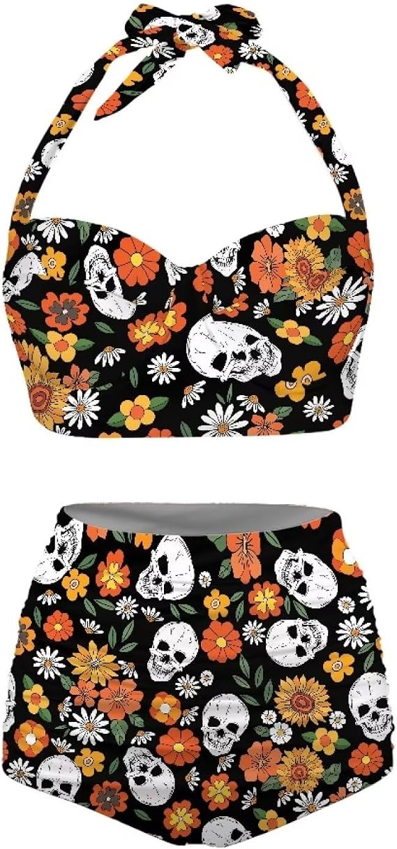 Butterfly Women's Retro Ruched Ruffle High Waist Bikini Set, Flag Tankini Swimsuits Tummy Control Swimwear - skull swimsuit
