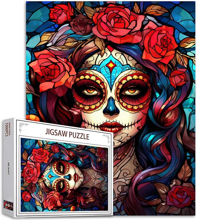 Sugar Skull Girl Art 1000 Piece Jigsaw Puzzles for Adults Day of the Death Painting Jigsaw Puzzle Skeleton Woman Puzzles for Challenging Family Activity Red Rose Pictures DIY Puzzle Wall Decor Gifts - skull painting