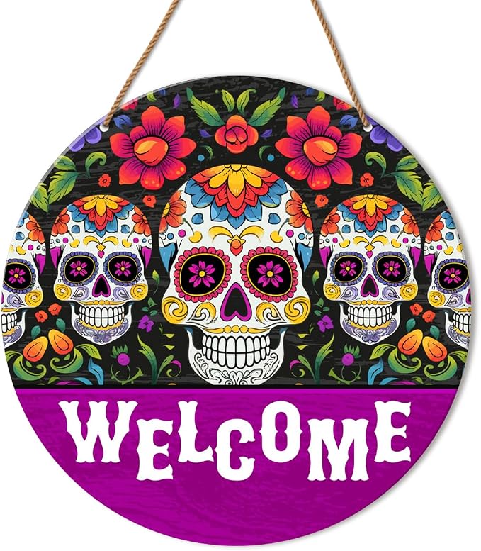 HSNBT Dia De Los Muertos Welcome Sign Decor Day of The Dead Decor for Home Front Door Porch Mexican Sugar Skulls Wooden Hanging Sign Decorations - skull wreath