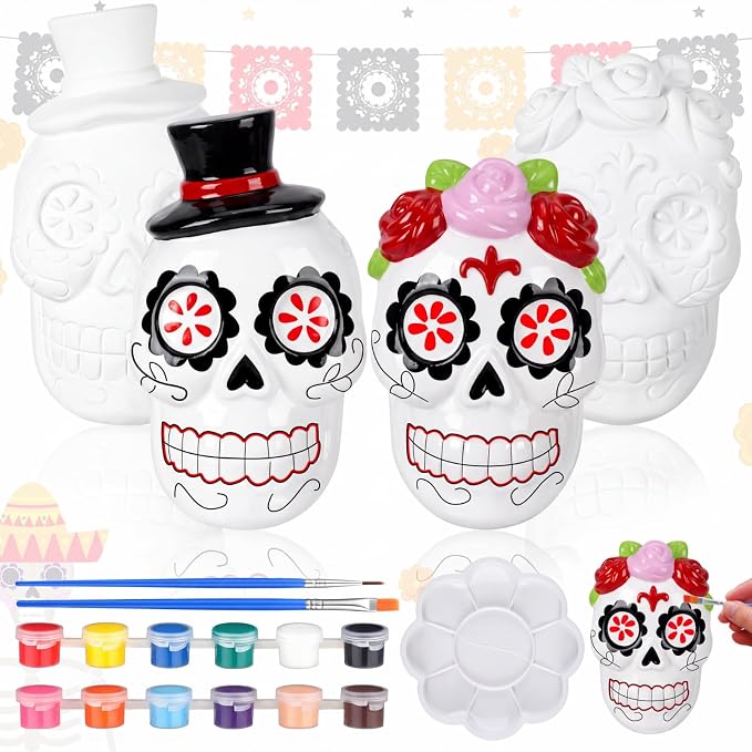 Seenelling 2 Pack Halloween Ready to Paint Statues 4'' DIY Skulls to Paint - skull figurine