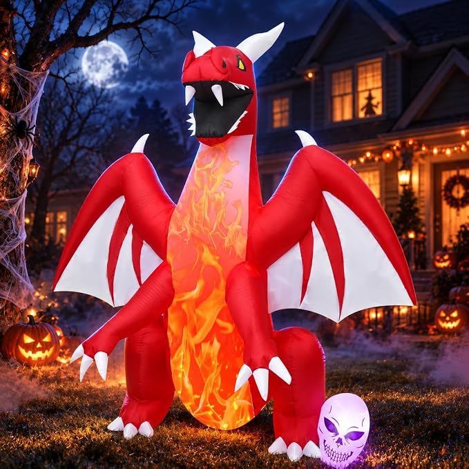 8FT H Halloween Inflatable Dragon with Skull Next to the Foot, Blow up Dragon Inflatable with Red Flame lamp Inside Outdoor Decorations Large Party Yard Decoration - skull inflatable
