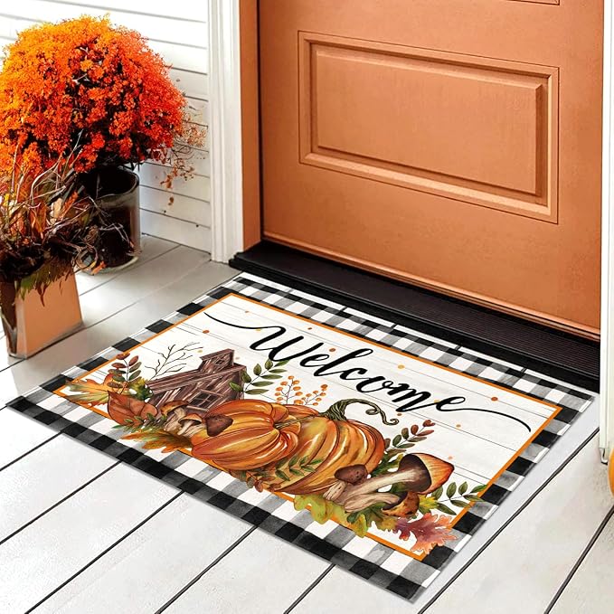 Fall Decorative Door Mat Pumpkin Mushroom Checkered Welcome Doormat for Indoor Outdoor, Autumn Floor Mat Entry Rug Non-Slip Washable for Porch Front Door Entrance 17×29 Inch