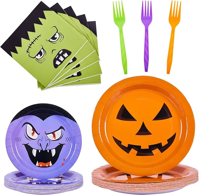 96 Pcs Halloween Paper Plates and Napkins Set - skull plate