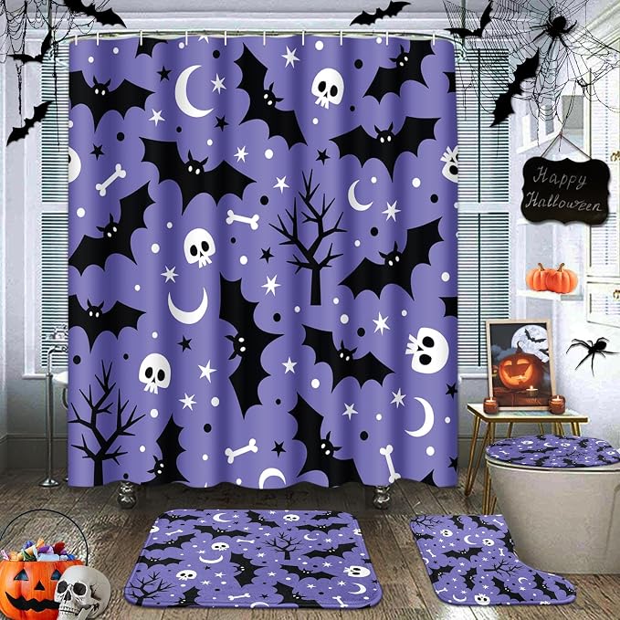 Bathroom Sets with Shower Curtain and Rugs, Halloween Skull - skull toilet mat