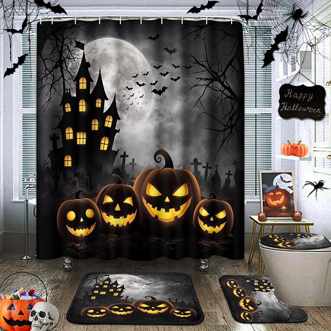 Bathroom Sets with Shower Curtain and Rugs, Halloween Pumpkin - skull toilet mat