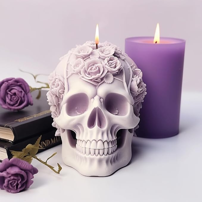 3D Skull Rose Flower Silicone Mold,Skull Silicone Candle Mold Resin Mold - skull candle