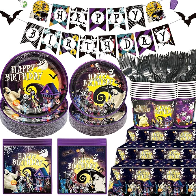 160Pcs Night Before Christmas Birthday Decorations Night Before Christmas Party Supplies Halloween Birthday Banner Spooky Skeleton Decorations Tableware for Halloween Party Decor - skeleton