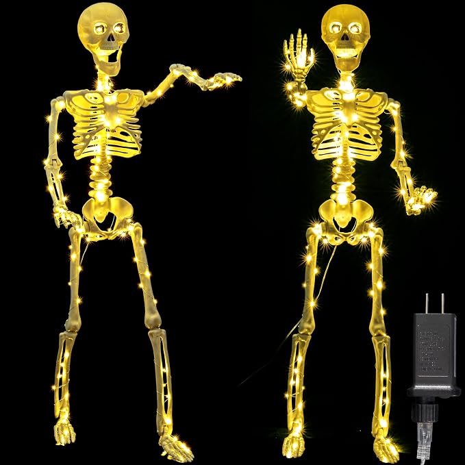 2 Pack 40 Inches Plug Operated 400 LED Light Up Halloween Skeleton Full Body Posable Movable Jonints for Halloween Decoration Décor - skeleton