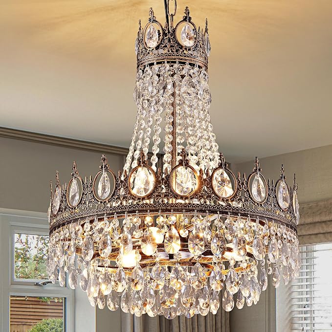 TOCHIC French Empire Crystal Chandelier 6-Light Farmhouse Antique Bronze Chandelier Vintage Rustic Ceiling Light Fixture for Dining Living Room, Bedroom, Kitchen Island, Bathroom, Foyer, 19″ W
