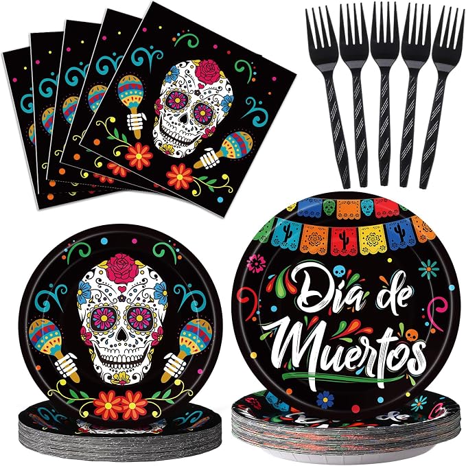 Funnymoom 100 PCS Day of the Dead Party Supplies for 25 Guest, Halloween 2026 Dia De Muertos Disposable Plates, Forks & Napkins Tableware Set for Holiday Party Birthday - skull plate