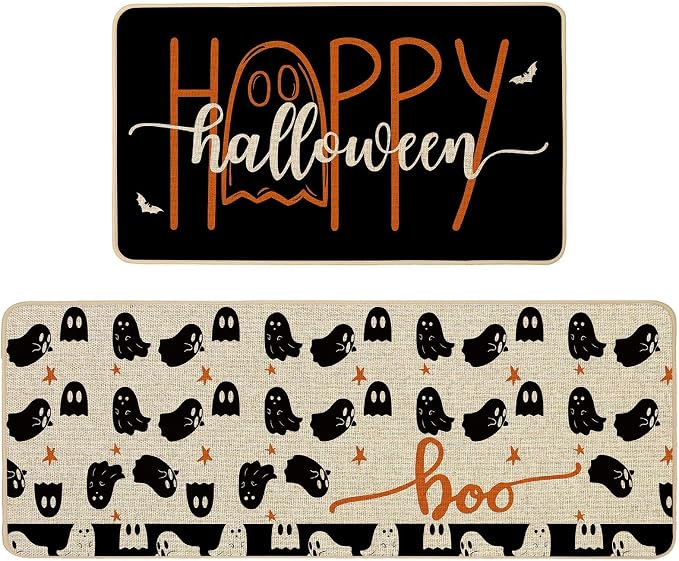 Halloween Ghost Kitchen Rugs Set of 2, 17x29 and 17x47 Inch - skull carpet