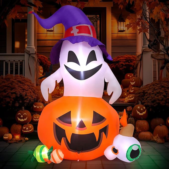 5FT Halloween Inflatable Outdoor Decoration Pumpkin Ghost with Built-in LEDs Blow Up for Halloween Party Holiday Indoor Outdoor Garden Lawn Yard Decorations