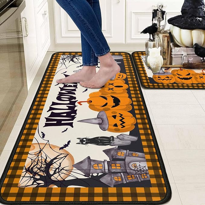 Halloweeen Buffalo Plaid Pumpkin Kitchen Rugs and Mats Set of 2, Castle Cat Bat Boo Halloween Farmhouse Party Floor Mat for Home Kitchen Decorations 17″x47″+17″x30″