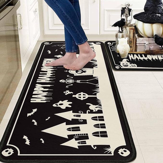Happy Halloweeen Skull Black Kitchen Rugs and Mats Set of 2, Bat Boo Pumpkin Halloween Farmhouse Party Floor Mat for Home Kitchen Decorations 17"x47"+17"x30" - skull floor mat