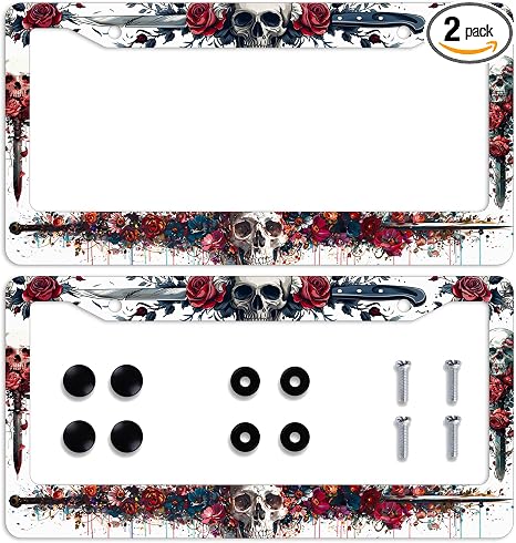 Skull License Plate Frame Knife Sword Flower Rose Art Skeleton Car Front License Plate Personalise Stainless Steel Metal Car Plates Funny License Plate Frames Decorative for Men Women 12.2" X 6.2" - skull plate