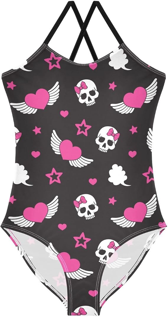 CaTaKu Girls One Piece Swimsuits Hawaiian Toddler Bathing Suit for Girls Kids Swimwear 3-10 Years - skull swimsuit