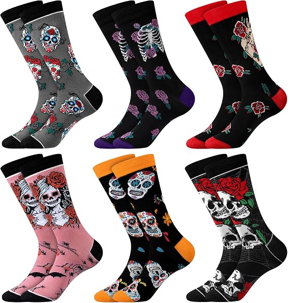 Cozypower 6 Pairs Sugar Skull Socks for Women Men Day of The Dead Sock Gift - sugar skull boots