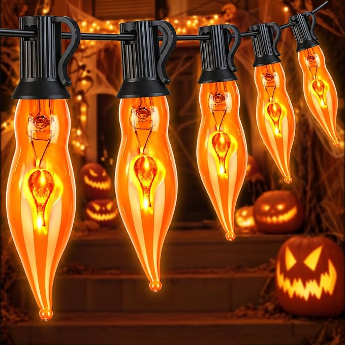 Couah Halloween Flickering Flame String Lights Orange,10Ft C18 Flicker Flame String Lights C18 E12 Base Fireplace Lights Outdoor Indoor for Halloween Decorations Black Wire - string light