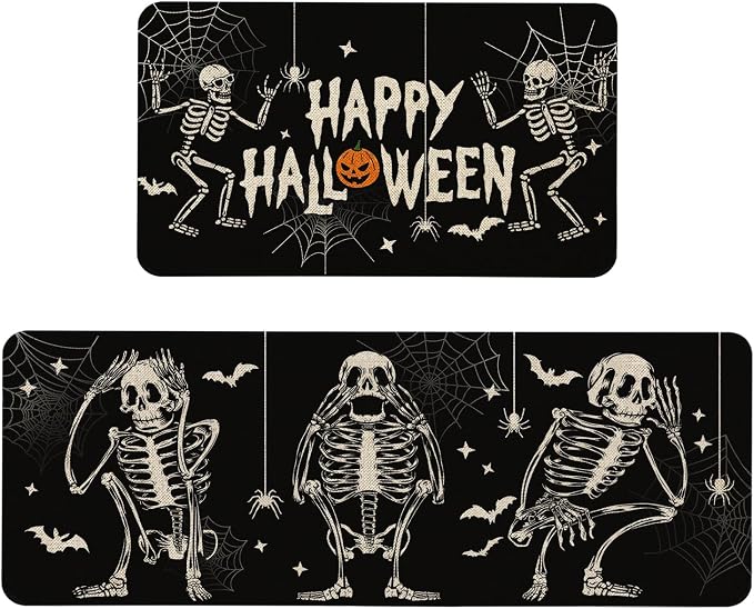 Roszwtit Halloweeen Skull Kitchen Mats and Rugs Set of 2 for Home Decor - skull floor mat