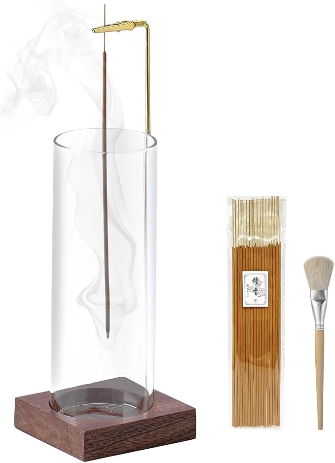 Ceremony Incense Holder, Wooden Incense Burner with Glass Ash Catcher (Transparent Round, One Glass) - skull incense burner