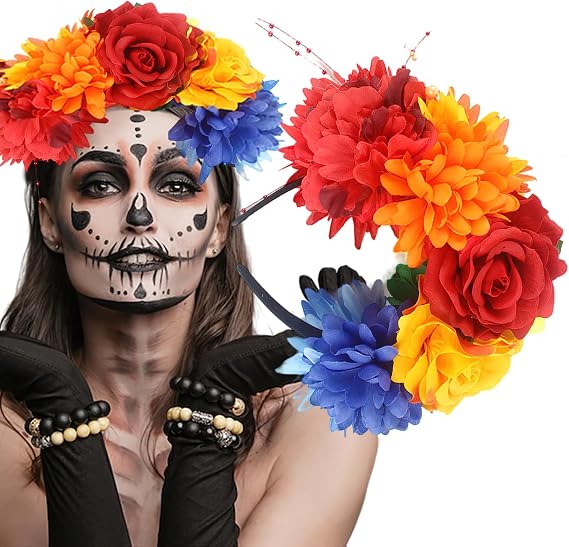 Rose Flower Crown Headband Day of the Dead Halloween Frida Mexican Rainbow Floral Crown Garland Headwear Hair Wreath Hair Accessories for Women Halloween Party Costume Headpiece - skull headband
