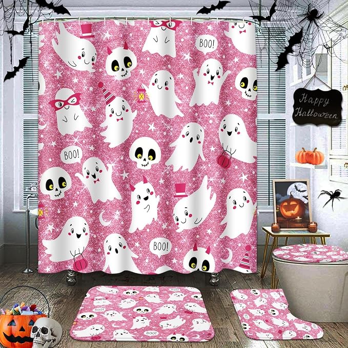 Halloween Bathroom Sets with Shower Curtain and Rugs, Skull - skull toilet mat