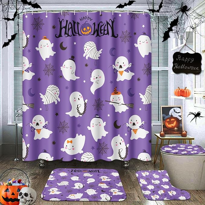 Halloween Bathroom Sets with Shower Curtain and Rugs, Ghost
