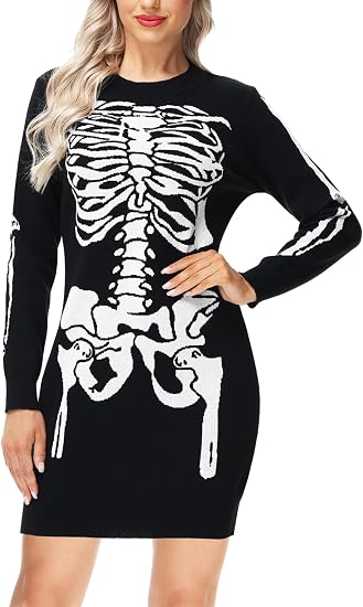 AOBUTE Women Halloween Sweater Dress Funny Holiday Vintage Knit Pullover - sugar skull dress
