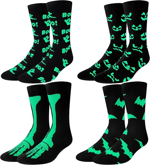 Cutecrop 4 Pairs Men's Halloween Socks Glow in the Dark Novelty Socks - sugar skull costume
