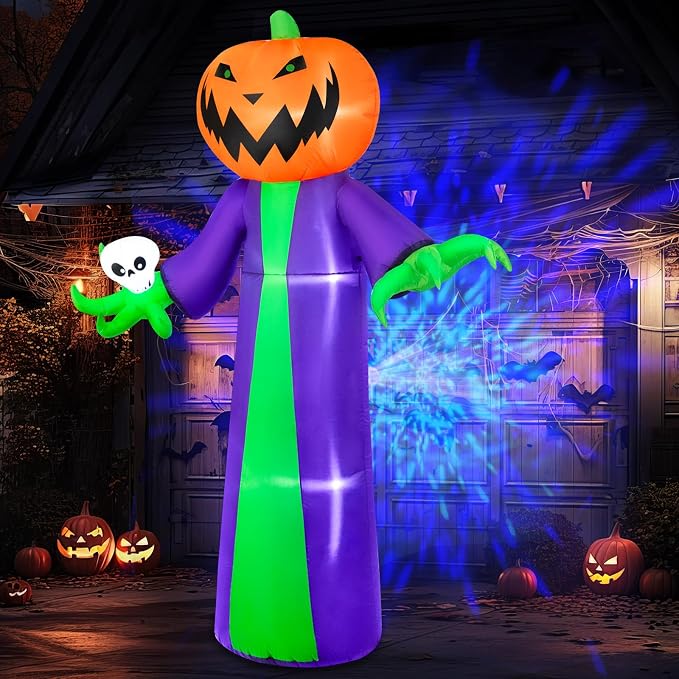 B&D 8FT Halloween Inflatables Outdoor Decorations, Inflatable Pumpkin Reaper Halloween Decorations Holds Skull Blow Up Yard Decoration Built-in Blue LED Disco Light for Holiday Party Garden Lawn Decor - skull inflatable