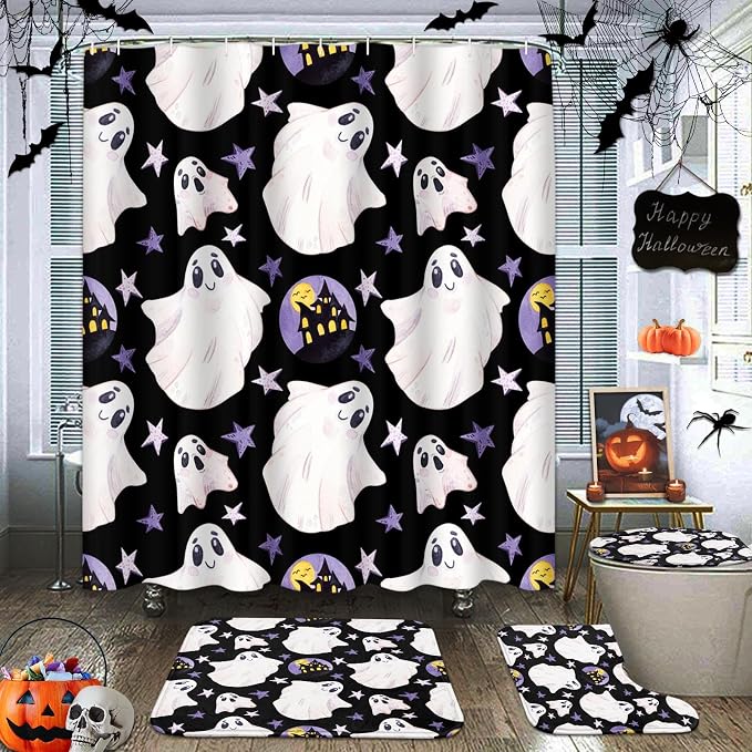 Bayson Bathroom Sets with Shower Curtain and Rugs, Halloween Ghost - skull toilet mat