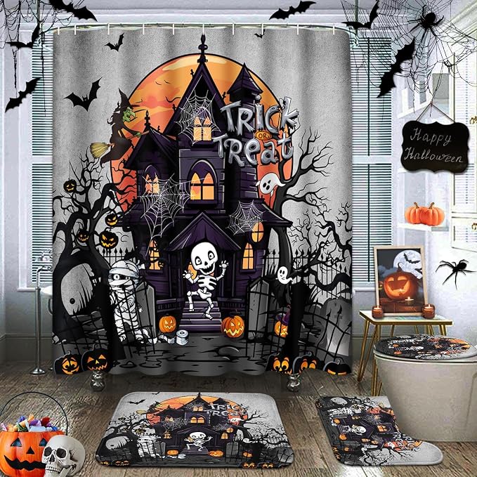 Bayson Bathroom Sets with Shower Curtain and Rugs, Halloween Skull - skull toilet mat