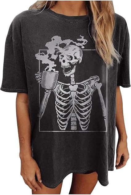 Oversized Hot Coffee Skeleton Shirt Women Halloween Skeleton Tshirt Funny Skull Graphic Tees Trendy Casual Loose Blouse - skull tshirt