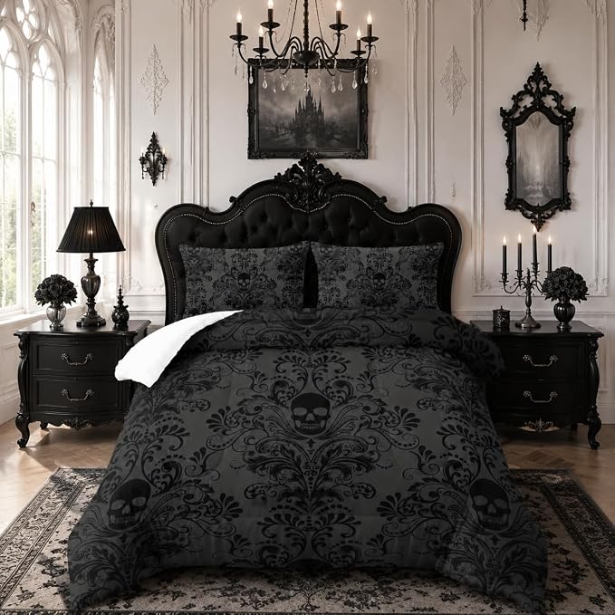Skull Bedding Set Queen Size,Goth Bedding Sets Queen with Comforter,Skull Comforter Set,Bohemian Bedding Queen Comforter Set,Gothic Bedding Decor Queen Comforter Set Western Boho Hippie - skull lamp