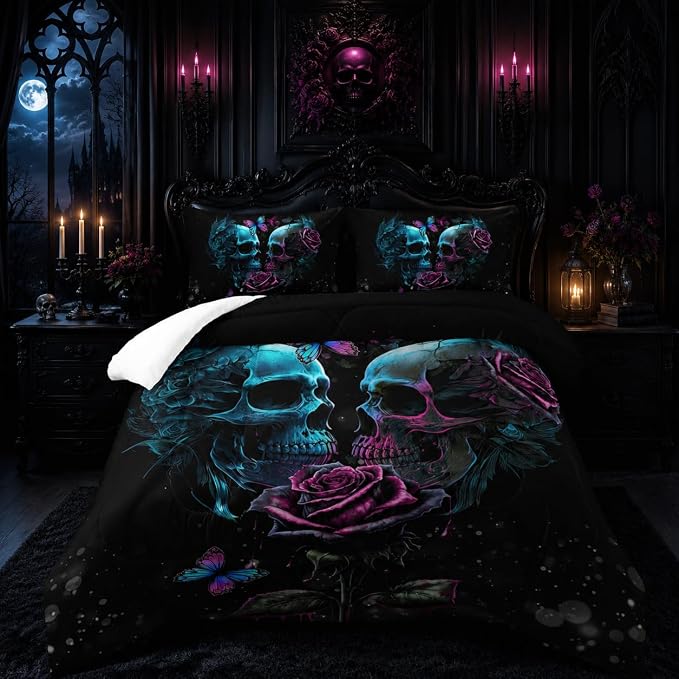 Skull Bedding Set Queen Size,Goth Bedding Sets Queen with Comforter,Skull Comforter Set,Rose Comforter Halloween Skull Bed Comforter,Black Bedding Skull Quilt