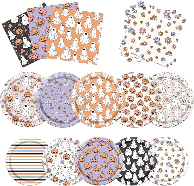 Halloween Party Plates and Napkins, 60Pcs Halloween Party Supplies Tableware Set, Pumpkins Ghost HALLOWEEN Paper Plates Napkins for halloween Birthday Party Decorations - skull plate