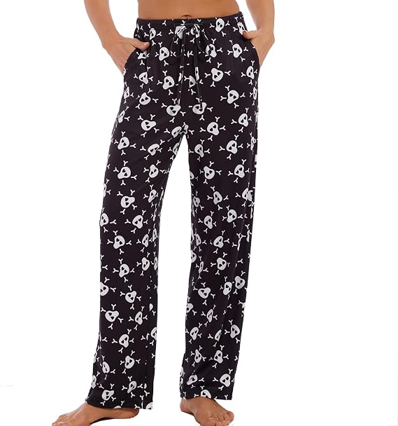 ROSA JUNIO Womens Pajama Pants with Pockets, Soft Drawstring Pajama Bottoms Women, Comfy Causal Sleep Lounge Pants - skull pajamas