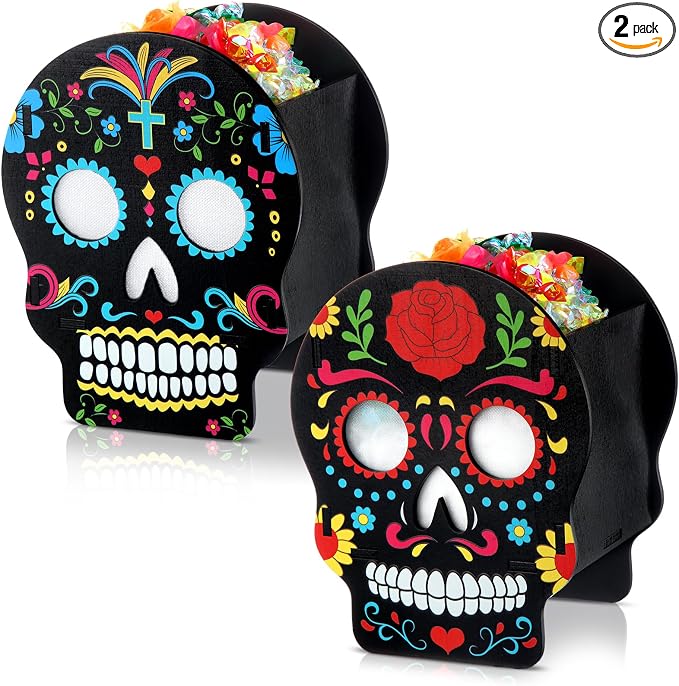 Colingmill 2 Pcs Wooden Halloween Candy Box Sugar Skull Decor, skull - skull candle