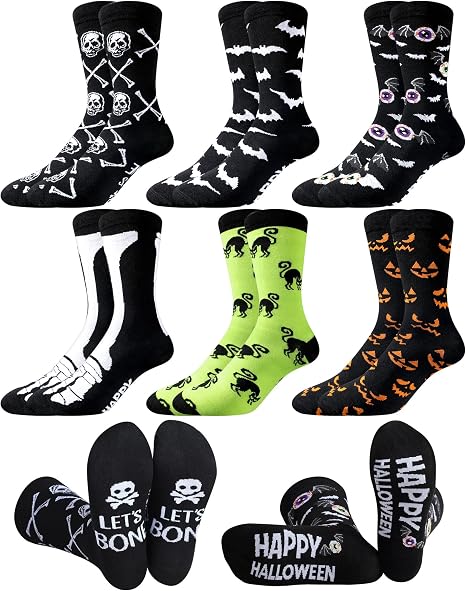 Cozypower 6 Pairs Mens Funny Halloween Socks Adults Skeleton Dress Spider Web Skull Crew Socks Novelty Gift - sugar skull costume