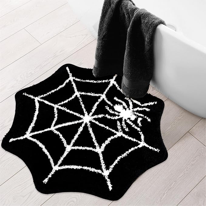 JarThenaAMCS Halloween Bathroom Rug Absorbent Black White Spider Web Bath Mat Washable Non Slip Gothic Shower Rug Front Door Mat Carpet for Home Room Entrance Floor Decor, 25.6