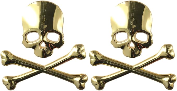 2 Sets Gold Skull and Bones Metal Emblem Decals, 3D Metal Badge Sticker, Decal Decorations, Side Fender Rear Trunk Sticker for Car Truck - skull sticker