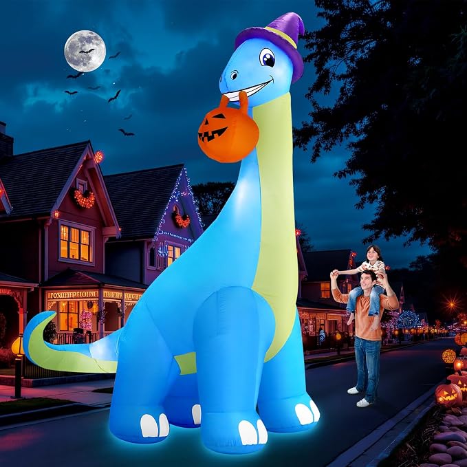 zukakii 13Ft Giant Halloween Inflatable Decorations Dinosaur, Build-in LEDs & Strong Blower Bite Huge Pumpkin with Witch Hat Large Blow Up Halloween Yard Outdoor Indoor Holiday Party - skull inflatable