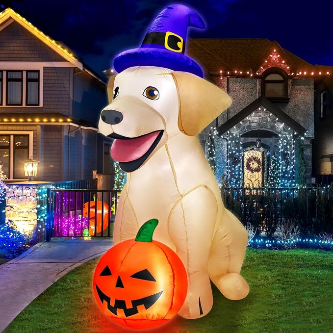 5Ft Halloween Inflatables Decorations Outdoor Vivid Lab Dog with Build-in Bright LED Blow Up Yard Decoration with Witch Hat Halloween Decorations Outdoor for Holiday Party Indoor Garden Lawn Home - skull inflatable