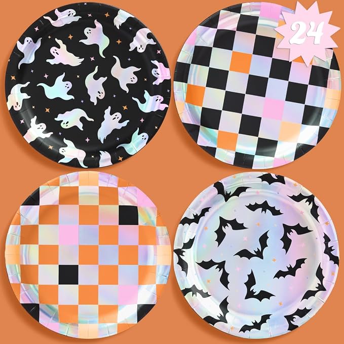 xo, Fetti Halloween Plates - 24 pcs | Halloween Tablescape, Spooky Season Setting, Haunted House Party, Checkered Kids Table Decor - skull plate