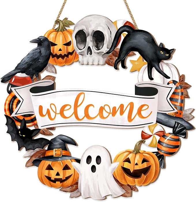 Halloween Wood Wreath Ghost Black Cat Pumpkin Skull Door Hanging Sign Decorations, Rustic Spooky Halloween Welcome Wooden Signs for Front Door Hanger Home Decor Party Supplies