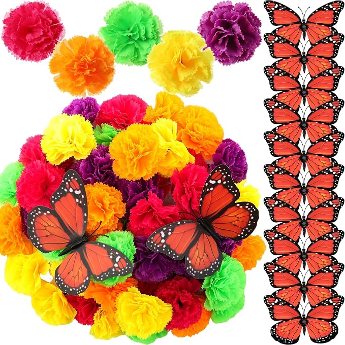 WILLBOND 62 Pcs Marigold Flowers & Monarch Butterfly Decor, Multicolor - skull wreath