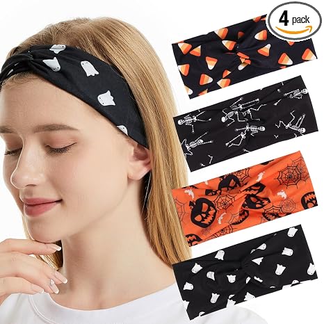 Ardorchid Halloween Headbands for Women Girls Skull Skeleton Ghost Pumpkin Knotted Headband Spooky Sugar Hair Accessories Halloween Outfit Gifts Twist Turban Celebration Party Headwraps 4PCS - skull headband