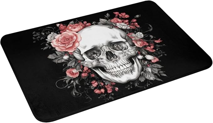 Soft Bath Mats Skull and Flowers Day of The Dead Non-Slip and Quick-Drying Rugs for Kitchen Bedroom and Indoor Use - 16x24 Inches, White10 - skull toilet mat