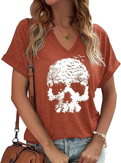 Earlymemb Womens Vintage Flowers V Neck Shirt Boho Floral Wildflowers Graphic Tee Casual Cottagecore Short Sleeve T Shirt - skull tshirt