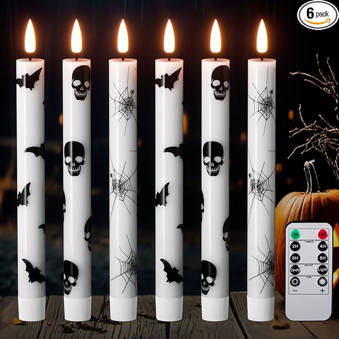 GenSwin Flameless Taper Candles with Remote Timer, 6Pcs LED Flickering Taper Candles Battery Operated Real Wax with Spider Webs/Skull/Bats Decals for Halloween Spooky Decoration (White, 0.78”x9.65”) - skull candle